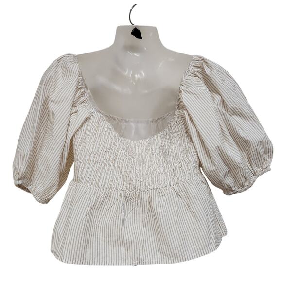 Sim & Sam Cottagecore Blouse Puff Sleeve Square Neck Striped White Tan Medium - Picture 2 of 8